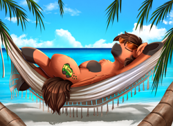 Size: 3509x2550 | Tagged: safe, artist:pridark, derpibooru import, oc, oc only, pony, beach, chest fluff, commission, eyes closed, hammock, island, ocean, palm tree, patreon, patreon reward, relaxing, sand, solo, sunglasses, tree