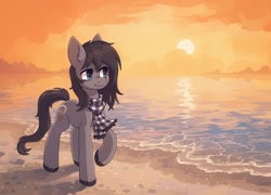 Size: 2032x1462 | Tagged: safe, artist:koviry, derpibooru import, part of a set, oc, oc only, earth pony, pony, beach, commission, raised hoof, raised leg, scenery, smiling, solo, sun, water, ych result