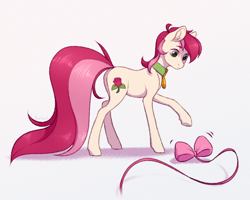 Size: 2184x1749 | Tagged: safe, artist:barlerd, derpibooru import, roseluck, earth pony, pony, behaving like a cat, bow, collar, commission, commissioner:doom9454, cute, long tail, pet tag, pony pet, rosepet