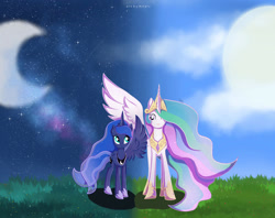 Size: 1920x1520 | Tagged: safe, artist:nnaly, derpibooru import, princess celestia, princess luna, alicorn, pony, day, female, mare, moon, night, royal sisters, siblings, sisters, sun