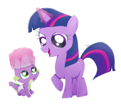 Size: 1024x893 | Tagged: safe, artist:nnaly, derpibooru import, spike, twilight sparkle, unicorn twilight, dragon, pony, unicorn, sparkle's seven, baby, baby spike, crown, cute, diaper, female, filly, filly twilight sparkle, hard-won helm of the sibling supreme, jewelry, magic, regalia, simple background, spikabetes, telekinesis, transparent background, twiabetes, younger