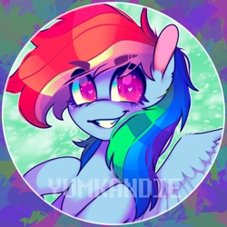 Size: 3500x3500 | Tagged: safe, artist:yumkandie, derpibooru import, rainbow dash, pegasus, pony, bust, colored pupils, eyebrows visible through hair, solo, watermark