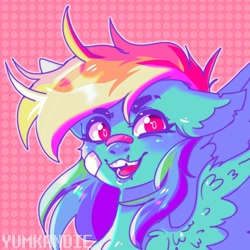 Size: 1080x1080 | Tagged: safe, artist:yumkandie, derpibooru import, part of a set, rainbow dash, pegasus, pony, bust, colored pupils, eyebrows, nose bandaid, scar, solo
