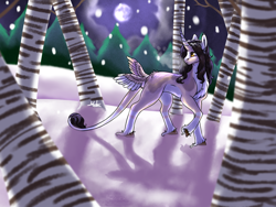 Size: 1200x900 | Tagged: safe, artist:malinraf1615, derpibooru import, oc, pony, unicorn, female, mare, snow, solo, tail wings, tree