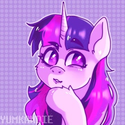 Size: 1080x1080 | Tagged: safe, artist:yumkandie, derpibooru import, part of a set, twilight sparkle, pony, bust, colored pupils, eyebrows visible through hair, hoof fluff, hoof on chin, solo