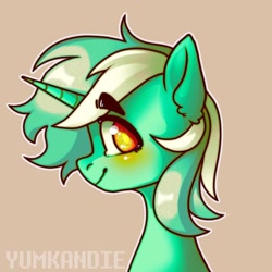 Size: 1080x1080 | Tagged: safe, artist:yumkandie, derpibooru import, lyra heartstrings, pony, unicorn, bust, colored pupils, eyebrows visible through hair, profile, simple background, solo, tan background