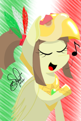 Size: 1080x1615 | Tagged: safe, artist:richartspark, derpibooru import, oc, oc:tailcoatl, pegasus, pony, flag, mexico, remake, singing, solo