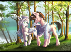Size: 3507x2600 | Tagged: safe, artist:crazy-leg, artist:tkachenko, derpibooru import, oc, oc only, oc:pearl wind, oc:sucata, pegasus, pony, unicorn, clothes, female, leaves, looking at each other, love, male, mare, scenery, signature, smiling, stallion, summer, tree