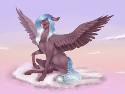 Size: 5509x4153 | Tagged: safe, artist:killah9, derpibooru import, oc, oc only, pegasus, pony, absurd resolution, braided tail, cloud, ears, floppy ears, on a cloud, semi-realistic, sitting, sitting on cloud, solo, yawn