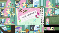 Size: 1280x721 | Tagged: safe, derpibooru import, edit, edited screencap, editor:quoterific, screencap, aqua blossom, blueberry cake, bulk biceps, fluttershy, trixie, wiz kid, bird, a little birdie told me, better together, equestria girls, chalkboard, duo, duo female, female, geode of fauna, magical geodes, make my day, nest, open mouth, pencil, shocked, solo, tree