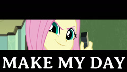 Size: 1280x720 | Tagged: safe, derpibooru import, edit, edited screencap, editor:quoterific, screencap, fluttershy, human, a little birdie told me, better together, equestria girls, chalkboard, female, make my day, smiling, smug, smugshy, solo