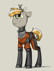 Size: 1024x1333 | Tagged: safe, artist:sinrar, derpibooru import, oc, oc only, oc:alloy, earth pony, mouse, pony, beige background, bodysuit, clothes, ears, floppy ears, jumpsuit, looking up, male, signature, simple background, smiling, solo, stallion, striped mane, striped tail