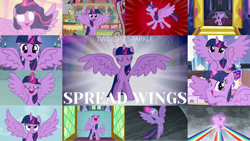 Size: 1280x722 | Tagged: safe, derpibooru import, edit, edited screencap, editor:quoterific, screencap, princess cadance, shining armor, twilight sparkle, twilight sparkle (alicorn), alicorn, pony, unicorn, fame and misfortune, horse play, magical mystery cure, princess twilight sparkle (episode), school daze, the beginning of the end, the cutie map, the ending of the end, the hooffields and mccolts, the one where pinkie pie knows, the times they are a changeling, three's a crowd, twilight's kingdom, eyes closed, female, glowing eyes, glowing horn, gritted teeth, horn, magic, magic aura, nose in the air, one eye closed, open mouth, solo, spread wings, sugarcube corner, teeth, text, train station, twilight's castle, volumetric mouth, wings, wink