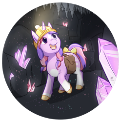 Size: 1024x1034 | Tagged: safe, artist:foxhatart, derpibooru import, oc, oc:periwinkle, pony, unicorn, bag, bow, crystal, female, helmet, mare, saddle bag, solo, tail bow