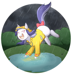 Size: 1024x1049 | Tagged: safe, artist:foxhatart, derpibooru import, oc, oc:violet, pony, unicorn, bow, female, hat, mare, puddle, rain, solo, tail bow