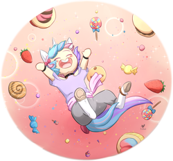 Size: 1024x951 | Tagged: safe, artist:foxhatart, derpibooru import, oc, oc:candy floss, pony, unicorn, candy, clothes, food, lollipop, male, pants, shirt, solo, stallion, strawberry