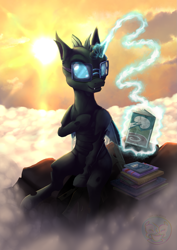 Size: 1169x1654 | Tagged: safe, artist:calena, derpibooru import, oc, oc only, oc:tarsi, changeling, book, changeling oc, cloud, commission, cute, glasses, grin, lens flare, magic, mountain, sitting, smiling, solo, sun, ych result