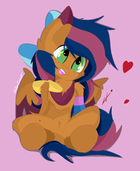 Size: 2720x3336 | Tagged: safe, artist:groomlake, derpibooru import, oc, oc only, oc:solar comet, pegasus, pony, bow, colored, hair bow, heart, male, open mouth, pink background, ribbon, simple, simple background, sitting, solo, stallion, teeth, tongue out