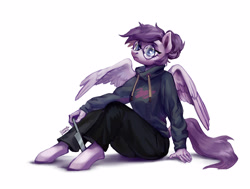 Size: 3612x2728 | Tagged: safe, artist:lunnitavaldez, derpibooru import, oc, oc only, oc:vylet, anthro, pegasus, unguligrade anthro, anthro oc, clothes, female, glasses, hoodie, knife, mare, pants, simple background, sitting, solo, white background