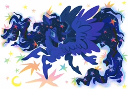 Size: 1953x1365 | Tagged: safe, artist:astro_eden, derpibooru import, princess luna, alicorn, pony, curved horn, horn, solo, starry eyes, unshorn fetlocks, wingding eyes