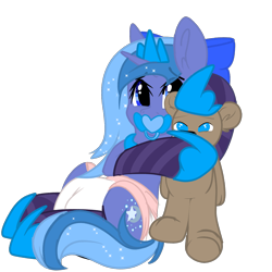 Size: 1500x1500 | Tagged: safe, artist:xcinnamon-twistx, derpibooru import, princess luna, oc, alicorn, pony, baby, clothes, diaper, female, filly, hoof shoes, looking at you, pacifier, plushie, s1 luna, socks, stockings, teddy bear, thigh highs, wrong cutie mark