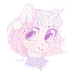 Size: 1350x1350 | Tagged: safe, artist:vird-gi, derpibooru import, oc, oc only, pony, unicorn, bust, ear fluff, ears, female, hairclip, looking at you, mare, portrait, simple background, smiling, solo, sweater, turtleneck, turtleneck sweater, white background