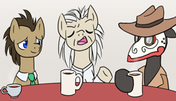 Size: 1000x576 | Tagged: safe, artist:howlsinthedistance, derpibooru import, doctor whooves, oc, oc:professor templetrot, earth pony, pony, back to the future, coffee, crossover, cup, doc brown, doctor who, food, implied time travel, male, mug, plague doctor, plague doctor mask, ponified, stallion, table, tea, the doctor, trio