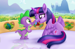 Size: 4550x2975 | Tagged: safe, artist:greenbrothersart, derpibooru import, spike, twilight sparkle, twilight sparkle (alicorn), alicorn, dragon, pony, balcony, canterlot, crying, duo, female, handkerchief, male, one eye closed, open mouth, ponyville, ponyville town hall, reflection, scenery, sitting, tears of joy, twilight's castle, wiping tears