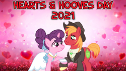 Size: 2064x1161 | Tagged: safe, artist:cheezedoodle96, derpibooru import, edit, big macintosh, sugar belle, the big mac question, 2021, abstract background, clothes, dress, female, hearts and hooves day, holiday, husband and wife, looking at each other, lyrics in the description, male, shipping, smiling, straight, sugarmac, suit, valentine's day, wedding dress, youtube link