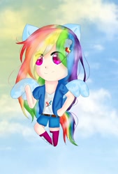 Size: 933x1381 | Tagged: safe, artist:flatterslay, derpibooru import, rainbow dash, human, chibi, cute, dashabetes, eared humanization, female, flying, humanized, solo, winged humanization, wings