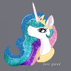 Size: 1080x1080 | Tagged: safe, artist:luna.queex, derpibooru import, princess celestia, alicorn, pony, bust, ear fluff, ears, ethereal mane, eyelashes, female, gray background, horn, jewelry, looking up, mare, peytral, signature, simple background, solo, starry mane, tiara