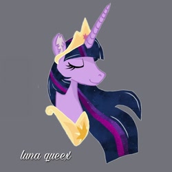 Size: 1080x1080 | Tagged: safe, artist:luna.queex, derpibooru import, princess twilight 2.0, twilight sparkle, twilight sparkle (alicorn), alicorn, pony, the last problem, bust, ear fluff, ears, eyelashes, eyes closed, female, gray background, horn, jewelry, mare, older, older twilight, peytral, signature, simple background, smiling, solo, tiara