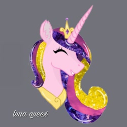 Size: 1080x1080 | Tagged: safe, artist:luna.queex, derpibooru import, princess cadance, alicorn, pony, bust, crown, ear fluff, ears, ethereal mane, eyelashes, eyes closed, female, gray background, grin, horn, jewelry, mare, peytral, regalia, signature, simple background, smiling, solo, starry mane
