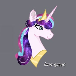 Size: 1080x1080 | Tagged: safe, artist:luna.queex, derpibooru import, princess flurry heart, alicorn, pony, bust, crown, ear fluff, ears, ethereal mane, eyelashes, female, galaxy mane, gray background, horn, jewelry, mare, older, older flurry heart, peytral, regalia, signature, simple background, smiling, solo