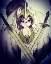 Size: 1080x1350 | Tagged: safe, artist:cats_drawings_cos, derpibooru import, oc, oc only, alicorn, pony, alicorn oc, female, glasses, helmet, horn, mare, peytral, solo, spread wings, sword, traditional art, weapon, wings