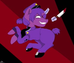 Size: 1080x929 | Tagged: safe, artist:cats_drawings_cos, derpibooru import, pony, unicorn, abstract background, blood, clothes, five nights at freddy's, glowing horn, grin, hat, hoof shoes, horn, knife, magic, male, ponified, purple guy, security guard, smiling, solo, stallion, telekinesis, the man behind the slaughter, white eyes