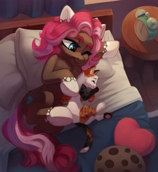 Size: 3785x4096 | Tagged: safe, artist:taneysha, derpibooru import, oc, oc only, cat, earth pony, pony, alarm clock, bed, chest fluff, clock, female, lying down, mare, on bed, on side, one eye closed, pillow, smiling, underhoof