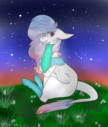 Size: 876x1024 | Tagged: safe, artist:yoonah, derpibooru import, oc, oc only, earth pony, pony, clothes, earth pony oc, grass, leonine tail, night, outdoors, scarf, sitting, socks, solo, stars