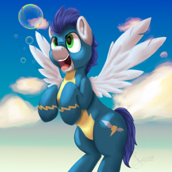 Size: 2000x2000 | Tagged: safe, artist:aneonart, derpibooru import, soarin', bubble, clothes, cloud, flying, sky, uniform, wonderbolts uniform