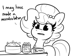 Size: 3820x3000 | Tagged: safe, artist:tjpones, derpibooru import, oc, oc only, oc:brownie bun, earth pony, pony, horse wife, black and white, butter, female, food, grayscale, mare, monochrome, peanut, peanut butter, simple background, solo, white background