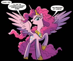 Size: 1382x1166 | Tagged: safe, derpibooru import, idw, pinkie pie, alicorn, pony, spoiler:comic57, alicornified, altered cutie mark, chaos pinkie, evil grin, female, grin, horse shoes, mare, pinkiecorn, princess of chaos, princess pinkie pie, race swap, smiling, speech bubble, spread wings, vector, wings, xk-class end-of-the-world scenario