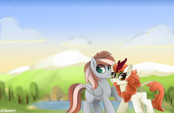 Size: 3400x2200 | Tagged: safe, derpibooru import, autumn blaze, oc, oc:raxella gessu, kirin, pegasus, pony, blue sky, commission, dusk, greens, lake, mountain, nature, old art, stars, tree