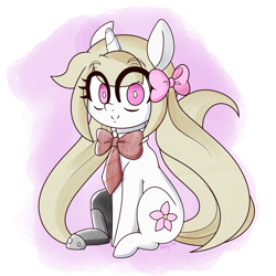 Size: 1900x1900 | Tagged: safe, artist:fullmetalpikmin, derpibooru import, oc, oc only, oc:cherry blossom, earth pony, pony, amputee, bowtie, collar, hair bow, looking at you, pigtails, prosthetic leg, prosthetic limb, prosthetics, sitting, smiling, solo, twintails