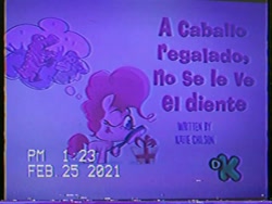 Size: 720x540 | Tagged: safe, derpibooru import, earth pony, pony, don't look a .gif horse in the mouth, my little pony: pony life, spoiler:pony life s01e31, discovery kids logo, female, mare, spanish, titlecard, translation request, vhs