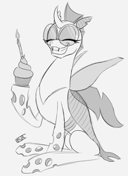 Size: 4000x5500 | Tagged: safe, artist:evan555alpha, ponybooru exclusive, oc, oc only, oc:yvette (evan555alpha), changeling, evan's daily buggo, birthday, birthday cupcake, candle, changeling oc, cupcake, dorsal fin, ears up, elytra, eyes closed, fangs, female, glasses, holding, raised hoof, raised leg, round glasses, signature, simple background, sitting, sketch, smiling, solo, spread wings, that pony sure does love cupcakes, white background