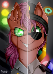 Size: 2894x4093 | Tagged: safe, artist:julunis14, oc, oc only, pony, robot, clothes, commission, green eyes, looking at you, police officer, police uniform, signature, smiling, solo, split screen, uniform