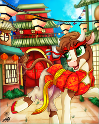 Size: 2000x2500 | Tagged: safe, artist:stainedglasslighthea, derpibooru import, arizona cow, cow, them's fightin' herds, belt, building, bush, chinese dress, chinese new year, clothes, commission, community related, dress, female, flats, headband, hoof shoes, horns, lantern, lunar new year, open mouth, pants, raised hoof, raised leg, shoes, solo, ych result, year of the ox