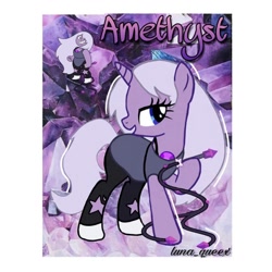 Size: 1080x1080 | Tagged: safe, artist:luna.queex, derpibooru import, pony, unicorn, abstract background, amethyst (steven universe), clothes, eyelashes, female, horn, mare, ponified, raised hoof, raised leg, steven universe