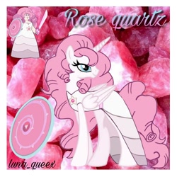 Size: 1080x1080 | Tagged: safe, artist:luna.queex, derpibooru import, alicorn, pony, abstract background, alicornified, clothes, dress, duo, eyelashes, female, horn, looking back, mare, peytral, ponified, race swap, rose quartz (steven universe), steven universe, wings