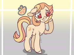 Size: 2261x1668 | Tagged: safe, artist:caramelbolt24, derpibooru import, oc, oc only, earth pony, pony, abstract background, chest fluff, colored hooves, ear fluff, ears, earth pony oc, female, magical lesbian spawn, mare, offspring, parent:applejack, parent:fluttershy, parents:appleshy, raised hoof, raised leg, reference sheet, smiling, solo, story included